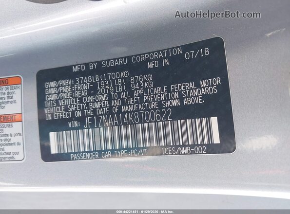 JF1ZNAA14K8700622 2019 TOYOTA 86 Silver ძრავის განყოფილების ხედი
