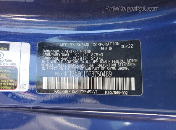 JF1ZNBC10P8750489 2023 TOYOTA GR Blue VIN կոդի պիտակի տեսք