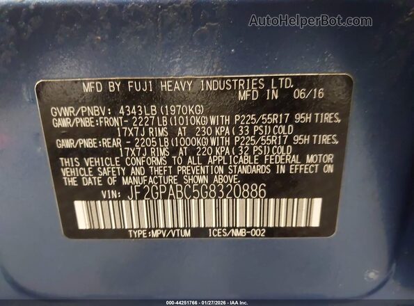 JF2GPABC5G8320886 2016 SUBARU CROSSTREK Blue ძრავის განყოფილების ხედი