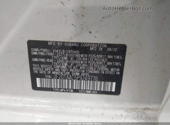 JF2GTAAC5P9249776 2023 SUBARU CROSSTREK White ძრავის განყოფილების ხედი