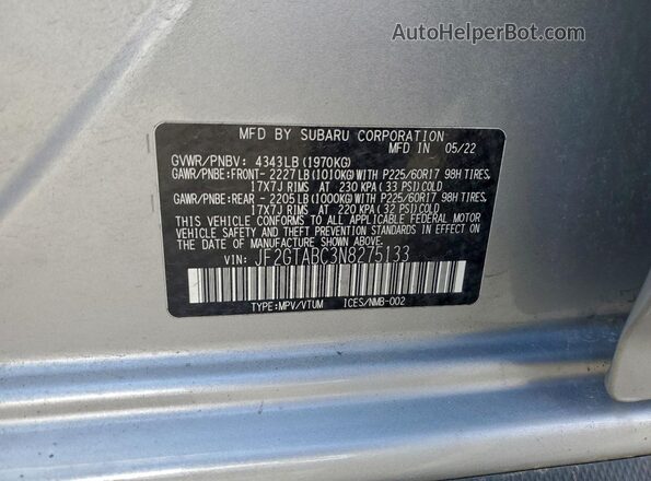 JF2GTABC3N8275133 2022 SUBARU CROSSTREK Silver Widok naklejki z numerem VIN