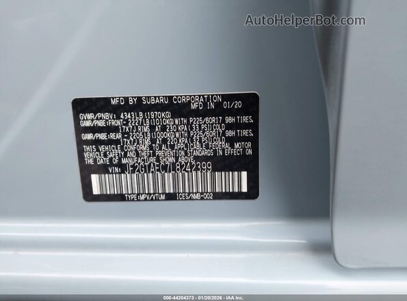 JF2GTAEC7L8242399 2020 SUBARU CROSSTREK Blue ძრავის განყოფილების ხედი