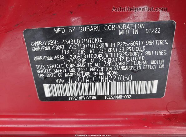 JF2GTAEC7NH227050 2022 SUBARU CROSSTREK Red Engine compartment view