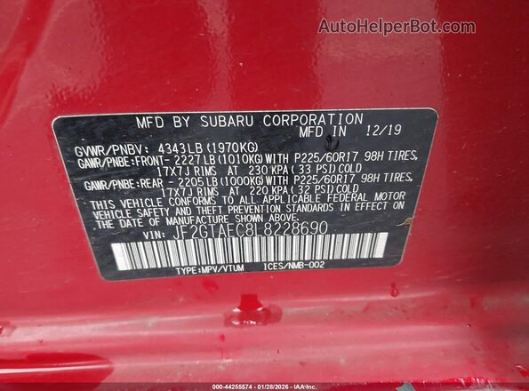 JF2GTAEC8L8228690 2020 SUBARU CROSSTREK Red Widok komory silnika