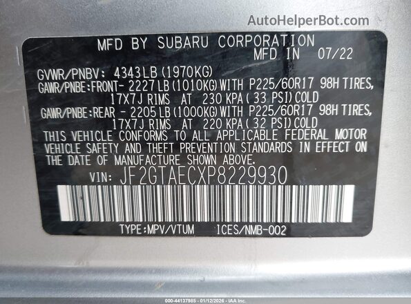 JF2GTAECXP8229930 2023 SUBARU CROSSTREK Silver 