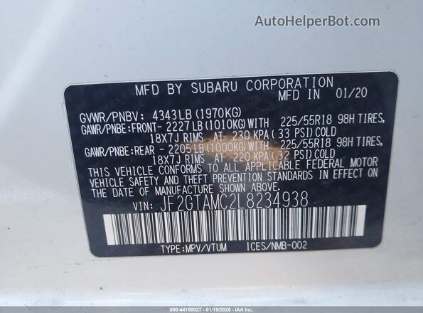 JF2GTAMC2L8234938 2020 SUBARU CROSSTREK White Вид підкапотного простору