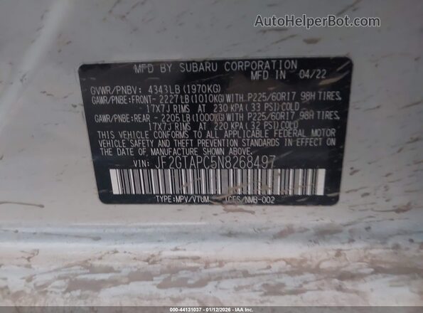 JF2GTAPC5N8268497 2022 SUBARU CROSSTREK White Widok komory silnika