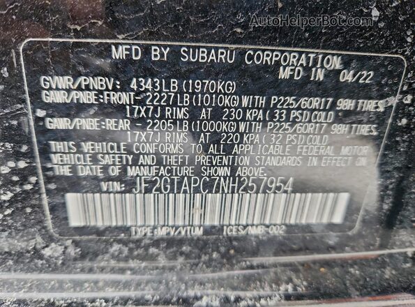 JF2GTAPC7NH257954 2022 SUBARU CROSSTREK Black Շարժիչի բաժամունքի տեսք