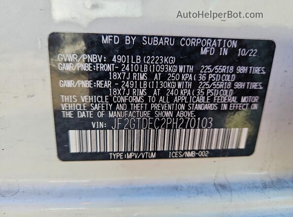 JF2GTDEC2PH270103 2023 SUBARU CROSSTREK White Вид наклейки з VIN-кодом
