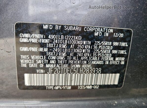 JF2GTDEC5LH283938 2020 SUBARU CROSSTREK Gray Vista de la etiqueta del VIN
