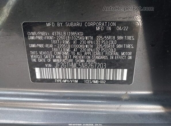 JF2GTHMC5N8267203 2022 SUBARU CROSSTREK Gray Вид підкапотного простору