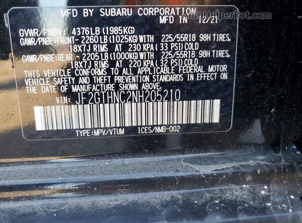 JF2GTHNC2NH205210 2022 SUBARU CROSSTREK Black VIN sticker view