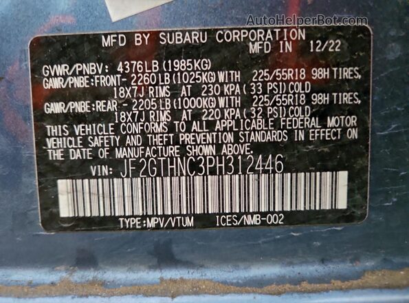 JF2GTHNC3PH312446 2023 SUBARU CROSSTREK Blue 