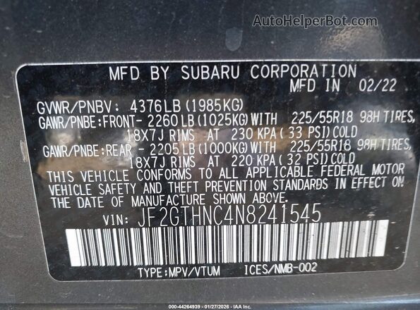JF2GTHNC4N8241545 2022 SUBARU CROSSTREK Серый Вид подкапотного пространства