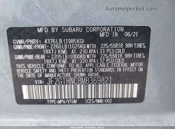 JF2GTHNC8M8369821 2021 SUBARU CROSSTREK Blue Widok komory silnika