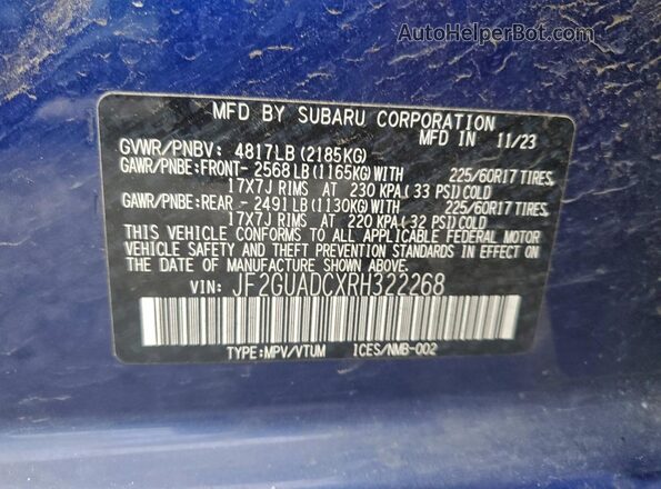 JF2GUADCXRH322268 2024 SUBARU CROSSTREK Blue 360 interior view