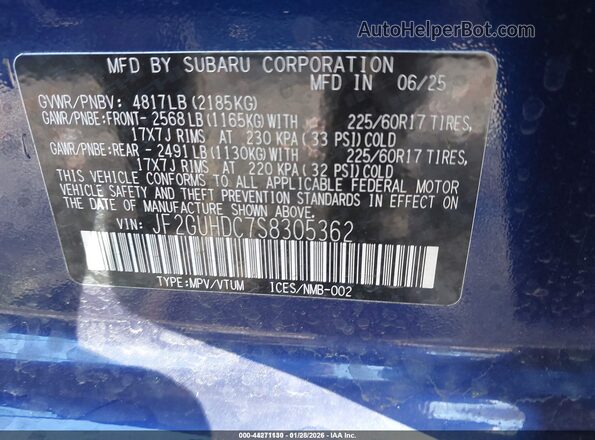 JF2GUHDC7S8305362 2025 SUBARU CROSSTREK Blue Vista del compartimento del motor