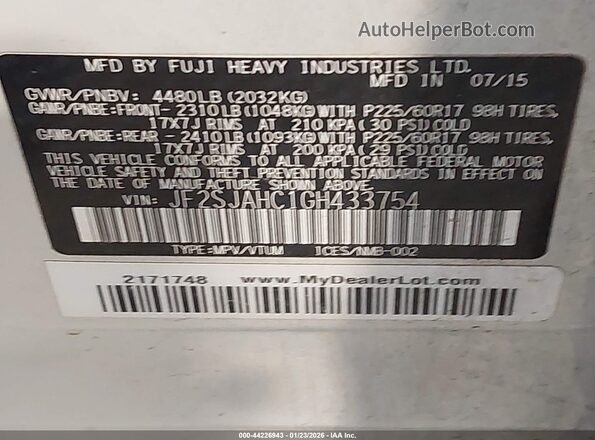 JF2SJAHC1GH433754 2016 SUBARU FORESTER 2.5 Белый Вид подкапотного пространства