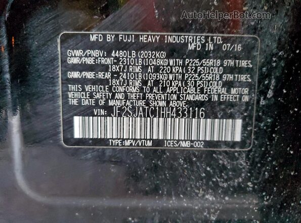 JF2SJATC1HH433116 2017 SUBARU FORESTER 2.5I TO Black 
