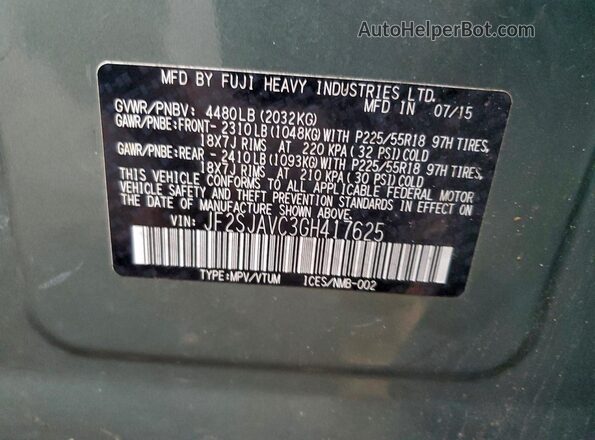 JF2SJAVC3GH417625 2016 SUBARU FORESTER 2.5I TO Green VIN კოდის სტიკერის ხედი