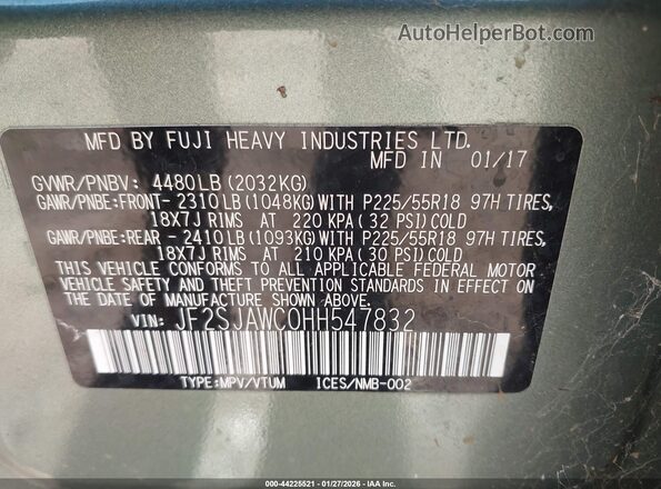 JF2SJAWC0HH547832 2017 SUBARU FORESTER 2.5I TO Green Вид підкапотного простору