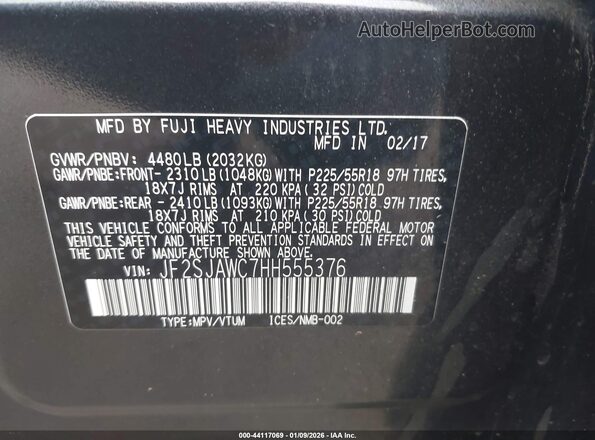 JF2SJAWC7HH555376 2017 SUBARU FORESTER 2.5I TO Gray Engine compartment view