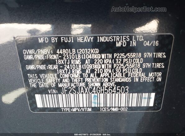 JF2SJAXC4GH564503 2016 SUBARU FORESTER 2.5I TO Gray ძრავის განყოფილების ხედი