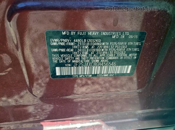 JF2SJAXC8GH456546 2016 SUBARU FORESTER 2.5I TO Red ძრავის განყოფილების ხედი
