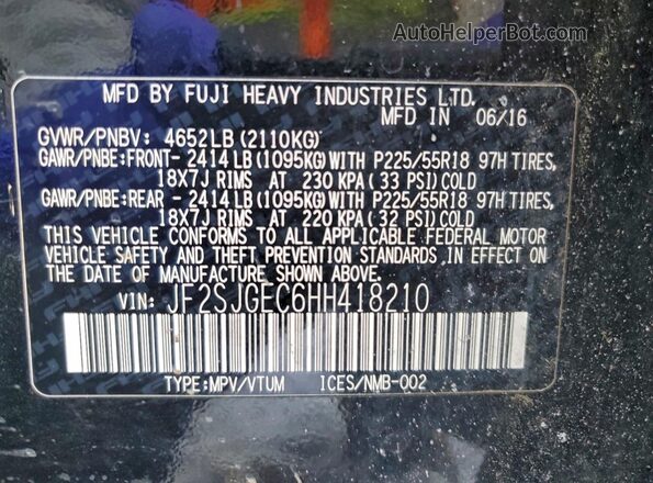 JF2SJGEC6HH418210 2017 SUBARU FORESTER2. Black Вид наклейки з VIN-кодом