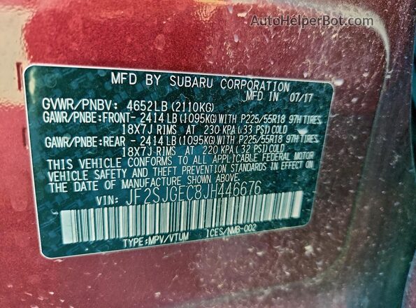 JF2SJGEC8JH446676 2018 SUBARU FORESTER2. Maroon Vista de la etiqueta del VIN