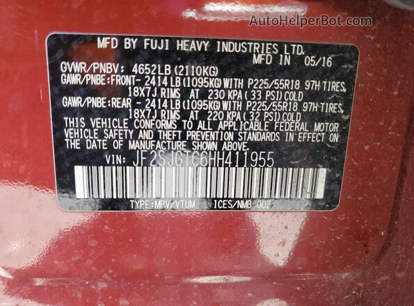 JF2SJGTC6HH411955 2017 SUBARU FORESTER2. Red Вид наклейки з VIN-кодом
