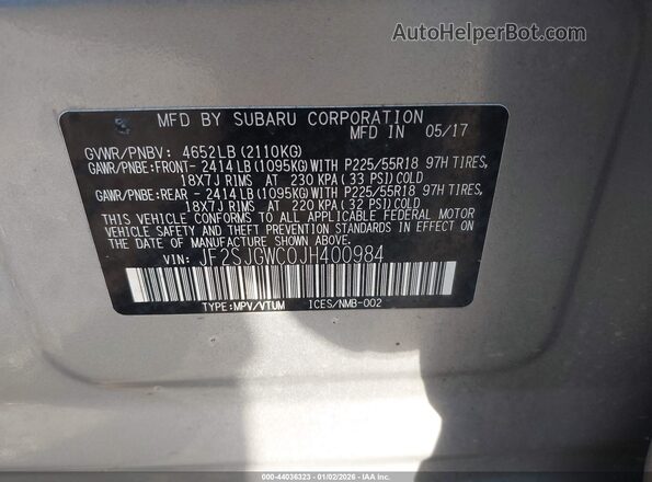 JF2SJGWC0JH400984 2018 SUBARU FORESTER2. Silver Widok komory silnika