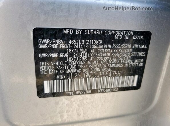 JF2SJGWC0JH554756 2018 SUBARU FORESTER2. Серебряный Вид наклейки с VIN-кодом