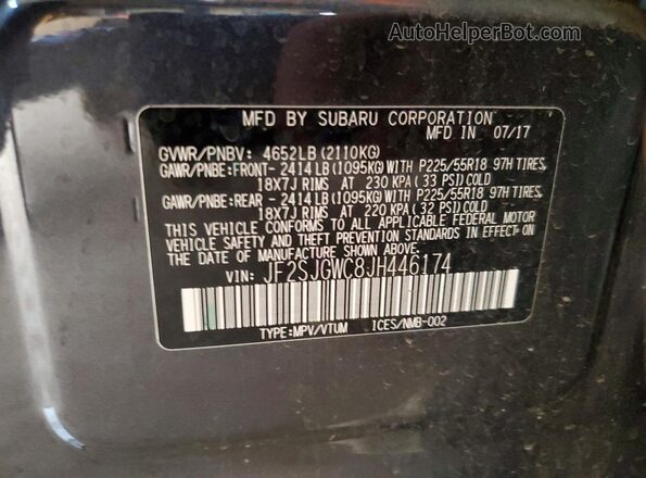 JF2SJGWC8JH446174 2018 SUBARU FORESTER2. Charcoal VIN sticker view