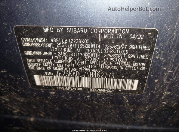 JF2SKADC7NH462773 2022 SUBARU FORESTER Blue Вид підкапотного простору
