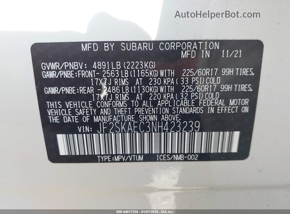 JF2SKAEC3NH423239 2022 SUBARU FORESTER White Вид підкапотного простору