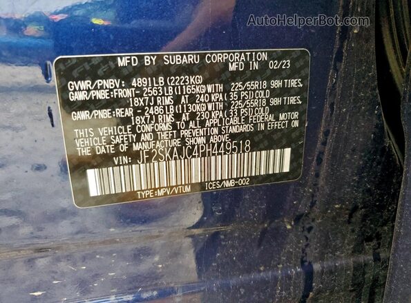 JF2SKAJC4PH449518 2023 SUBARU FORESTER Blue VIN sticker view
