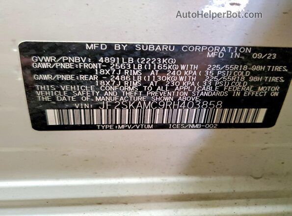 JF2SKAMC9RH403858 2024 SUBARU FORESTER White Widok naklejki z numerem VIN