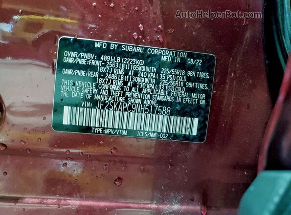 JF2SKAPC9NH517588 2022 SUBARU FORESTER Red 360 interior view