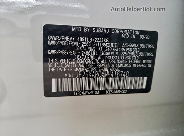 JF2SKARCXMH416748 2021 SUBARU FORESTER White 