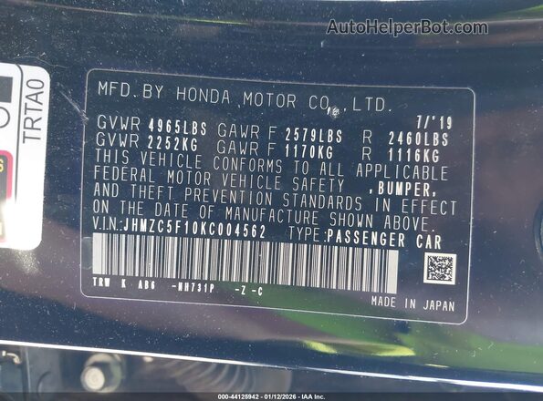 JHMZC5F10KC004562 2019 HONDA CLARITY Black Вид підкапотного простору