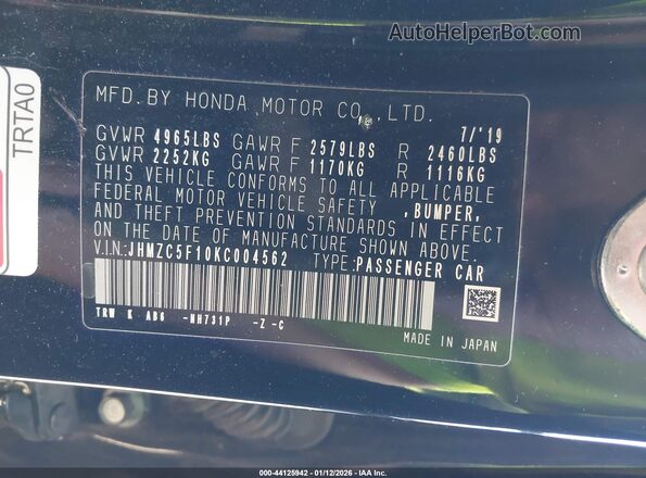 JHMZC5F10KC004562 2019 HONDA CLARITY Black Вид панелі приладів
