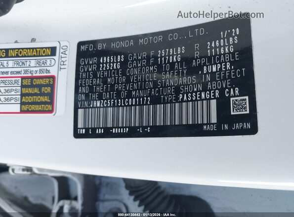 JHMZC5F13LC001172 2020 HONDA CLARITY White Vista del compartimento del motor