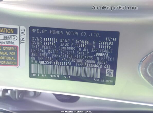 JHMZC5F16MC001670 2021 HONDA CLARITY Silver Vista del compartimento del motor