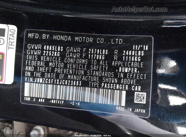 JHMZC5F1XJC023683 2018 HONDA CLARITY PLUG-IN HYBRID Black 