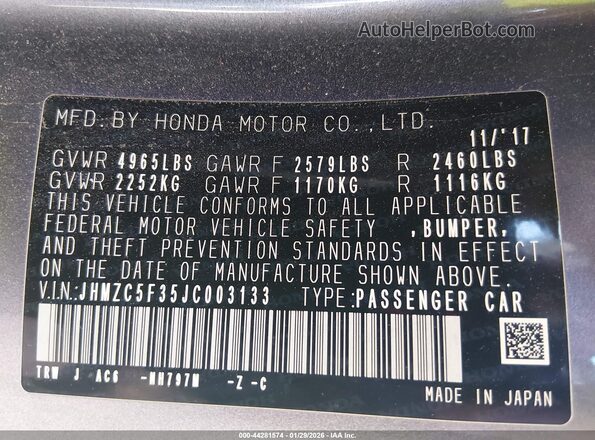 JHMZC5F35JC003133 2018 HONDA CLARITY PLUG-IN HYBRID Gray 