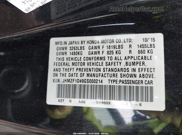 JHMZF1D49GS000214 2016 HONDA CR-Z Black Vista del compartimento del motor