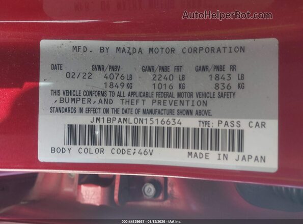 JM1BPAML0N1516634 2022 MAZDA 3 Red ძრავის განყოფილების ხედი