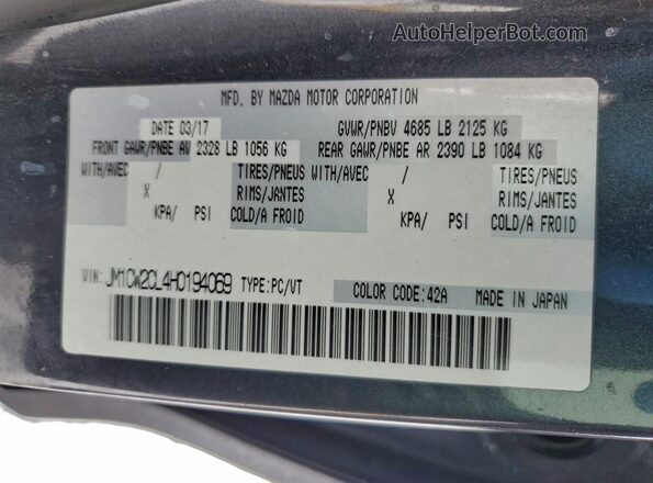 JM1CW2CL4H0194069 2017 MAZDA 5 Серый Вид наклейки с VIN-кодом