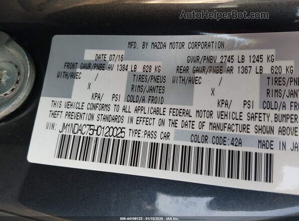 JM1NDAC75H0120025 2017 MAZDA MX-5 MIATA Gray Engine compartment view